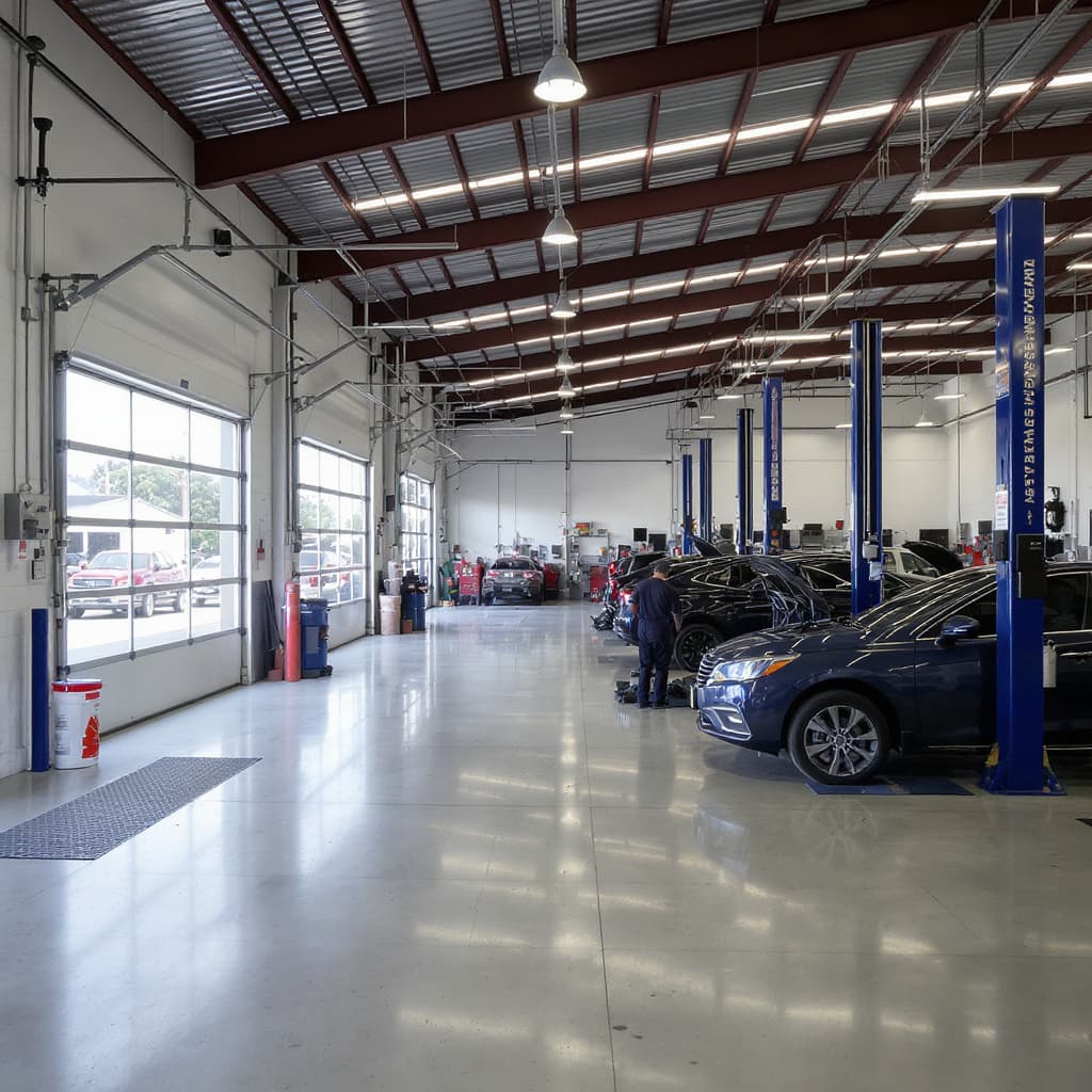 Inside a clean multi-bay independent auto shop, with a service advisor at the front counter.