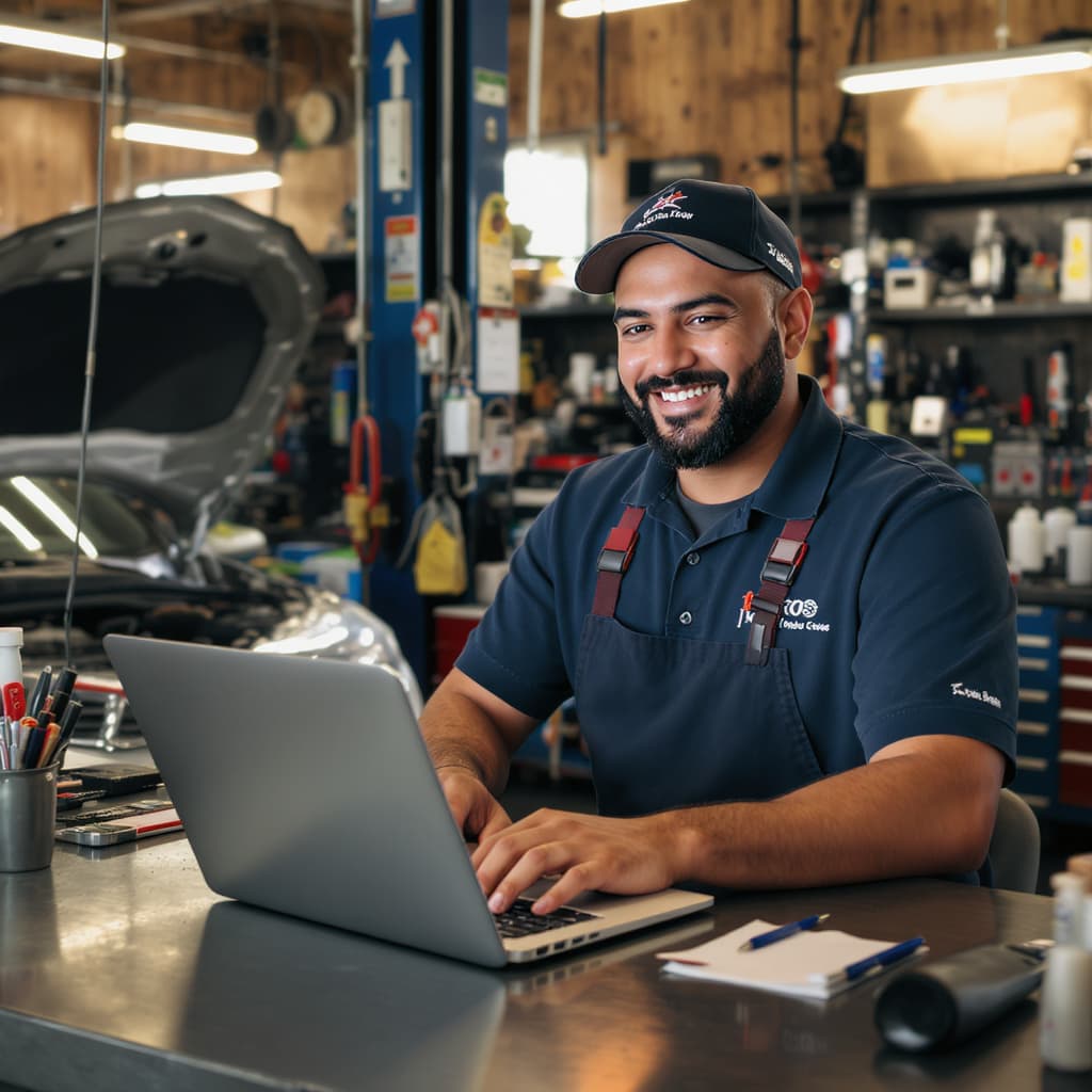 Shop owner reviewing the BayHaul dashboard on a laptop behind the parts counter.